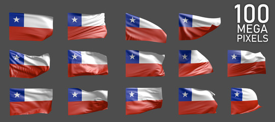 Chile flag isolated - different realistic renders of the waving flag on grey background - object 3D illustration