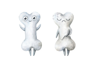 Bone. Healthy and diseased organ. Watercolor children's illustration. Characters isolated on a white background. Cartoon anatomy.