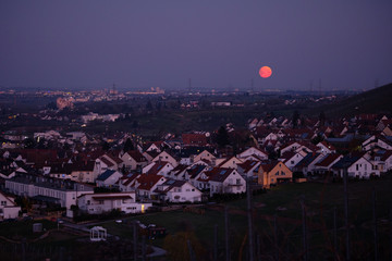 Homes with red moon in the dawn