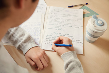 Naklejka premium Student prepares for tests, exams, English lessons. Concept of quality education, self education, distance learning, quarantine, personal isolation