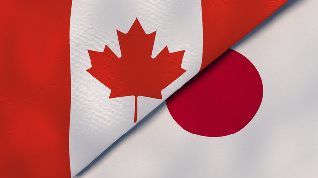 The flags of Canada and Japan. News, reportage, business background. 3d illustration