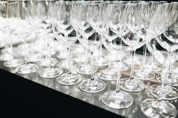 many clean wineglasses in bar, professional equipment 