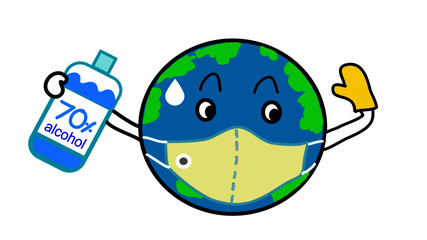 world wearing face mask and hold alcohol bottle