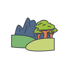 cartoon landscape with moutains and trees icon, fill style