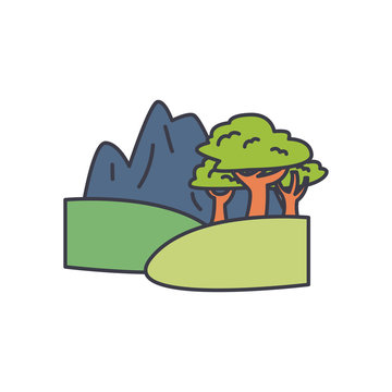 Cartoon Landscape With Moutains And Trees Icon, Fill Style