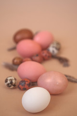 Easter eggs painted in pastel colors on a cream background