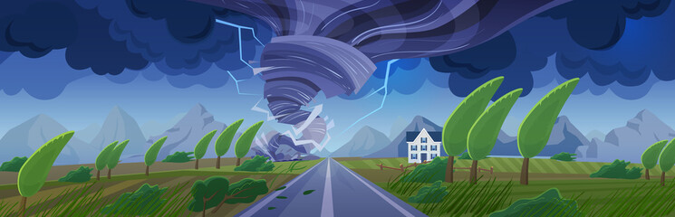 Storm with tornado flat cartoon panorama landscape vector illustration background. Panoramic Nature catastrophe in fields with road to mountains. Cyclone hurricane natural disaster