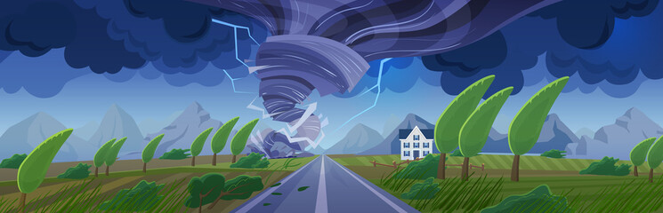 Storm with tornado flat cartoon panorama landscape vector illustration background. Panoramic Nature catastrophe in fields with road to mountains. Cyclone hurricane natural disaster © lembergvector