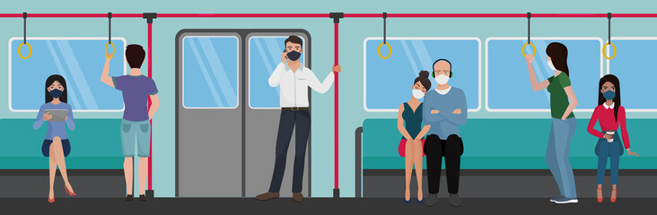 People in subway train using during quarantine corona virus pandemic flat vector illustration. Prevent corona virus disease COVID-19 spread. Influenza, air pollution. Passengers in bus, tram