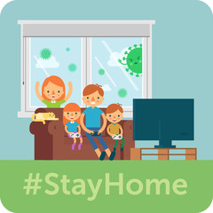 Stay home flat illustration. The family stayed at home saves from coronavirus.