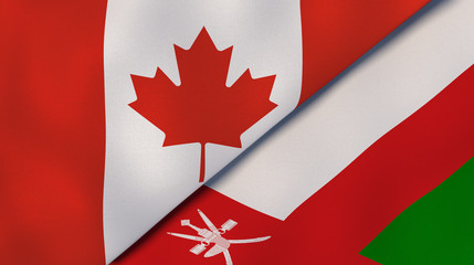 The flags of Canada and Oman. News, reportage, business background. 3d illustration