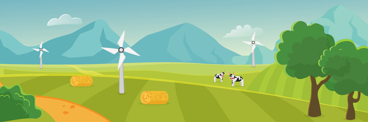 Countryside landscape panorama with mountains on horizon cartoon flat vector illustration. Picturesque panoramic green open space, trees, cute cows, outroad dirt road and sheaves, wind generators