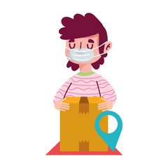 man with cardboard box and location pin ecommerce online shopping covid 19 coronavirus