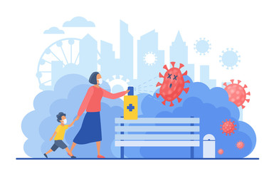 Woman with small kid walking in city public park and disinfecting contact place from coronavirus flat vector illustration. Corona virus cleaning and disinfection. Epidemic covid-19 concept