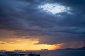 View of a sunset over the leisure port of Vigo, Spain