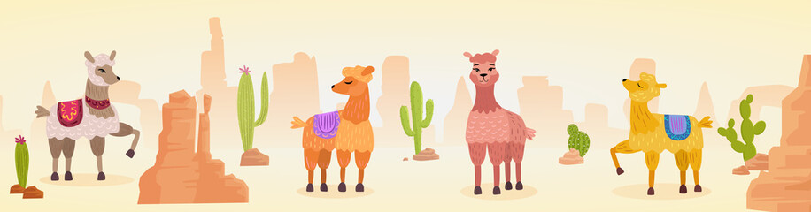 Cute artistic lamas character hand drawn cartoon vector illustration panorama landscape. Colored animals in different moods at traditional desert landscape with sand, cactus, stones, hot air banner