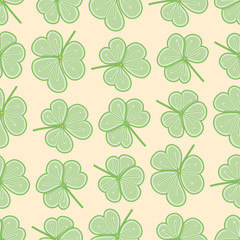 Cute shamrocks vector repeat pattern. Three leaves clover seamless illustration background.