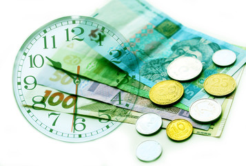 Ukrainian money, coins and time. Dial on a financial background.