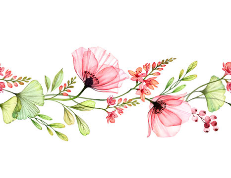 Watercolor Poppy seamless border. Horizontal repetitive pattern. Abstract pink flowers with leaves and fresia branches on white. Botanical illustration for cards, wedding design