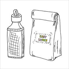 Lunch box and a bottle hand drawn vector sketch. Easy lunch illustration