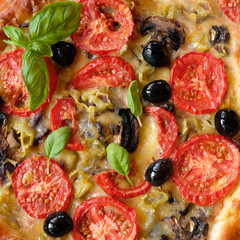Background -vegetarian homemade pizza with mushrooms, tomatoes, olives, Basil and cheese. traditional Italian dish. The view from the top.