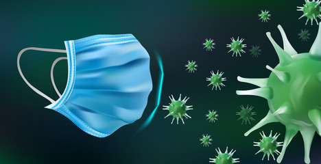 Naklejka premium 3D realistic protective Medical Mask with abstract virus. Medical mask virus protection. World epidemic. Vector illustration
