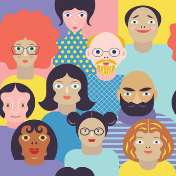 Seamless background with people.  Faces in the crowd. Cartoon characters. Different hairstyles, faces . Men, women, girls, boys. 