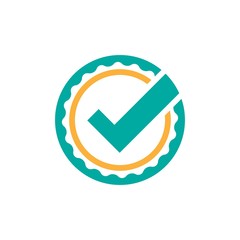 Valid Seal icon. Blue circle with ribbon outline and blue tick. Flat OK sticker icon.