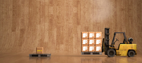 wooden boxes with toilet paper icons on a forklift in front of wooden background