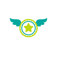 Blue and green circle with wings and star. Flat sticker icon. Medal or label isolated on white.