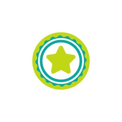 Blue circle with ribbon and green star. Flat sticker icon. Isolated on white. Accept button. Vector award illustration.