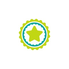 Blue circle with ribbon and green star. Flat sticker icon. Isolated on white. Accept button. Vector award illustration.