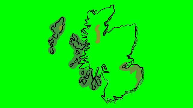 Scotland drawing colored map on green screen isolated whiteboard chroma key chromakey