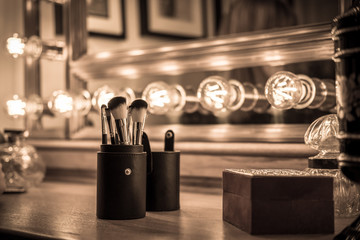 vintage vanity makeup accessories, woman's makeup dressing table with mirror