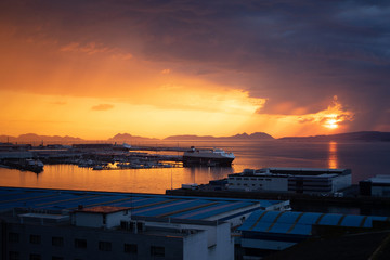 View of a sunset over the leisure port of Vigo, Spain