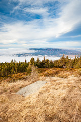 Winter in low mountains in the Czech Republic. Jeseniky Mountains, Moravia, Czechia. Hiking in Czech mountains. Winter landscape.