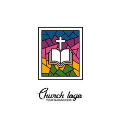 Church logo. Christian symbols. Stained glass window. Cross of Christ and the Bible.