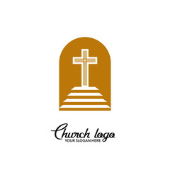 Church logo. Christian symbols. Staircase leading to the cross of Christ.