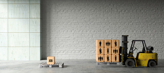 forklift moving boxes with people symbols to a box with the word JOB in a warehouse 