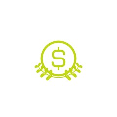 Valid seal with dollar sign and green leaves. Income growth flat icon. Isolated on white. Economy, finance, money symbol.