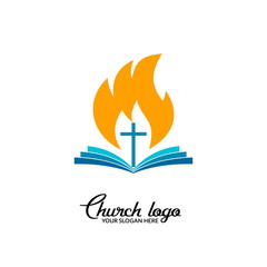 Church logo. Christian symbols. Open bible against the background of the cross and the flame of the Spirit.