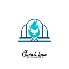 Church logo. Christian symbols. The Bible and the dove are the Holy Spirit.