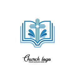 Church logo. Christian symbols. Cross of the Lord and the Bible.
