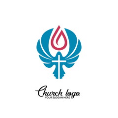 Church logo. Christian symbols. Dove and cross of Jesus Christ.