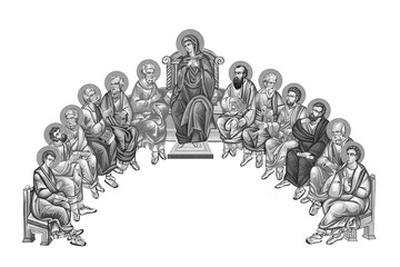 12 apostles and virgin Maria. Part of Pentecost icon in byzantine style sketch