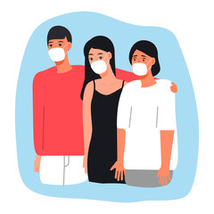 People are wearing surgical mask. Friends or family support each other and ask to put medical mask to prevent of virus