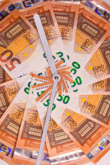 Background of euro coin and clock. "Time is money"