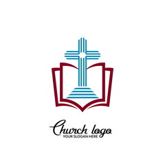 Church logo. Christian symbols. A staircase leading to the cross of Christ against the backdrop of an open bible.