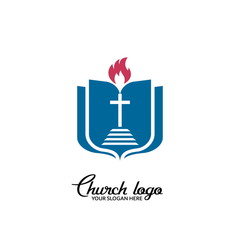 Church logo. Christian symbols. A staircase leading to the cross of Christ against the backdrop of an open bible.