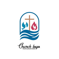 Church logo. Christian symbols. The cross of Jesus Christ, dove and flame are streams of living water.
